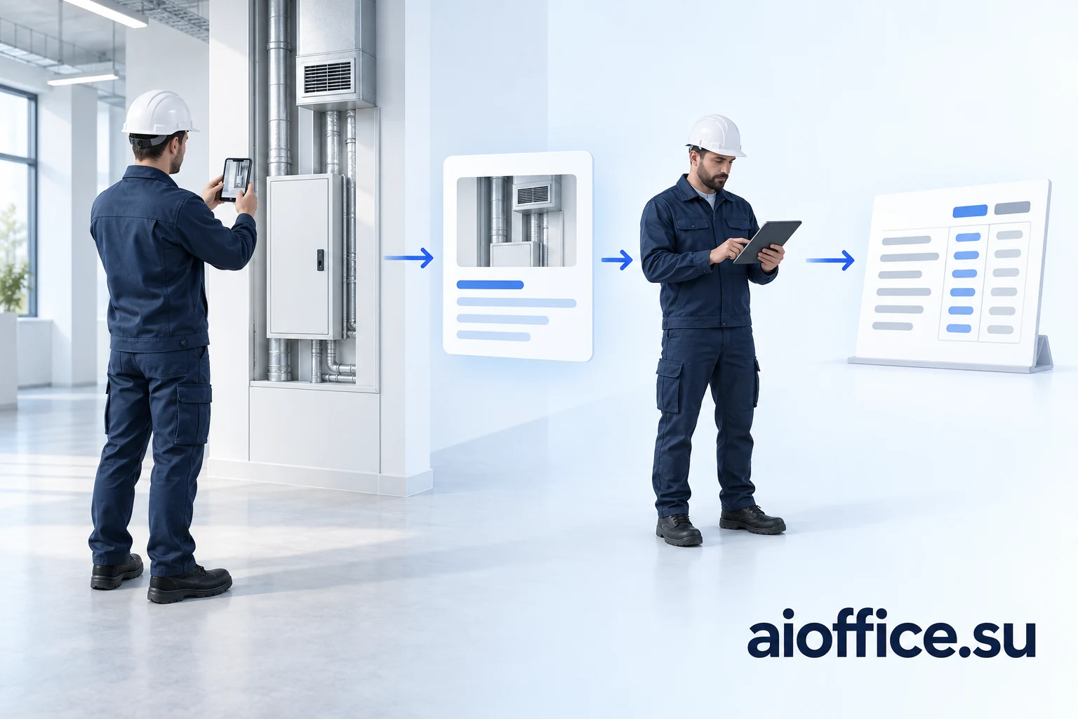 AI Office Field: путь отчёта с объекта в офис Специалист фотографирует инженерный узел, прораб проверяет отчёт, результат передаётся в офисные документы. Адрес aioffice.su.
